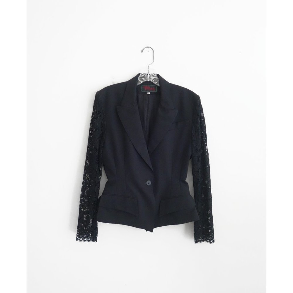 Vintage 80s Lolita Lempicka Black Wool Lace Skirt Suit FR 40 US 6 8 - Picture 2 of 10